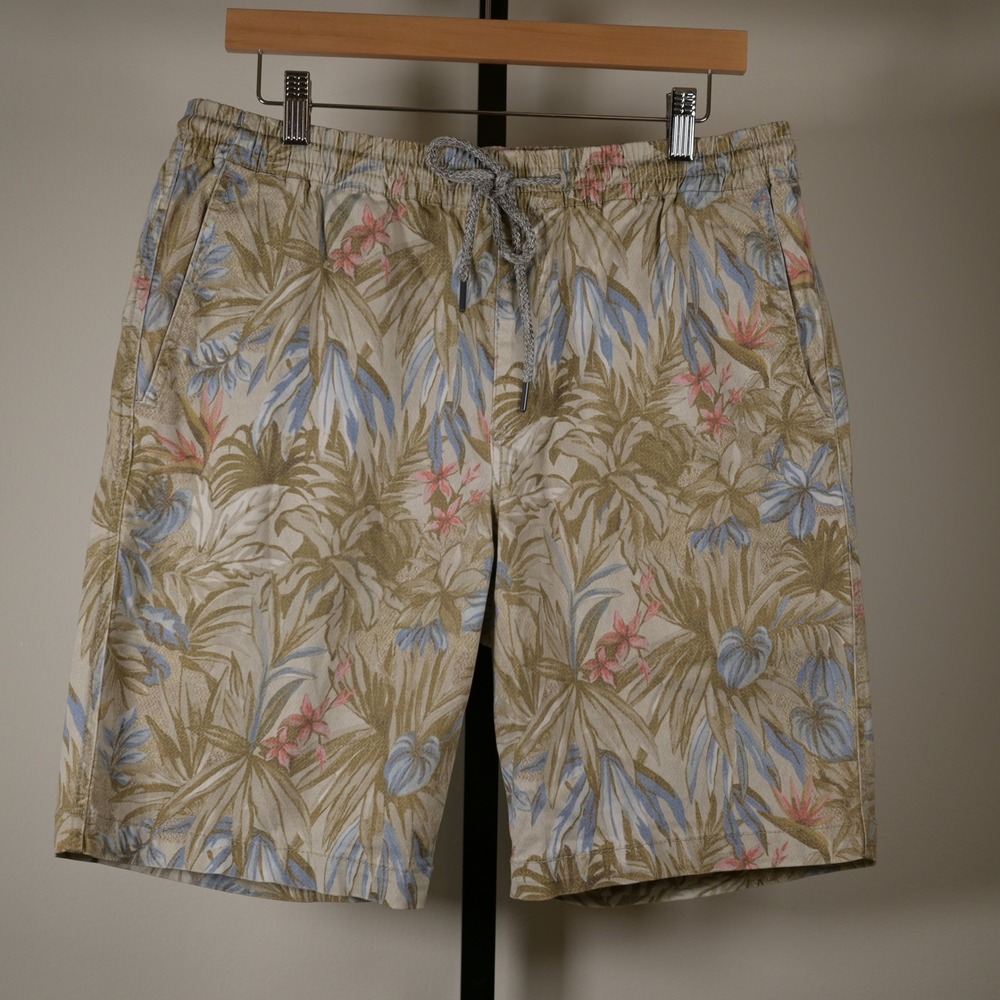 Tommy Bahama Mens Large $110. Tropical Palm Print Drawstring Shorts Tan Bamboo